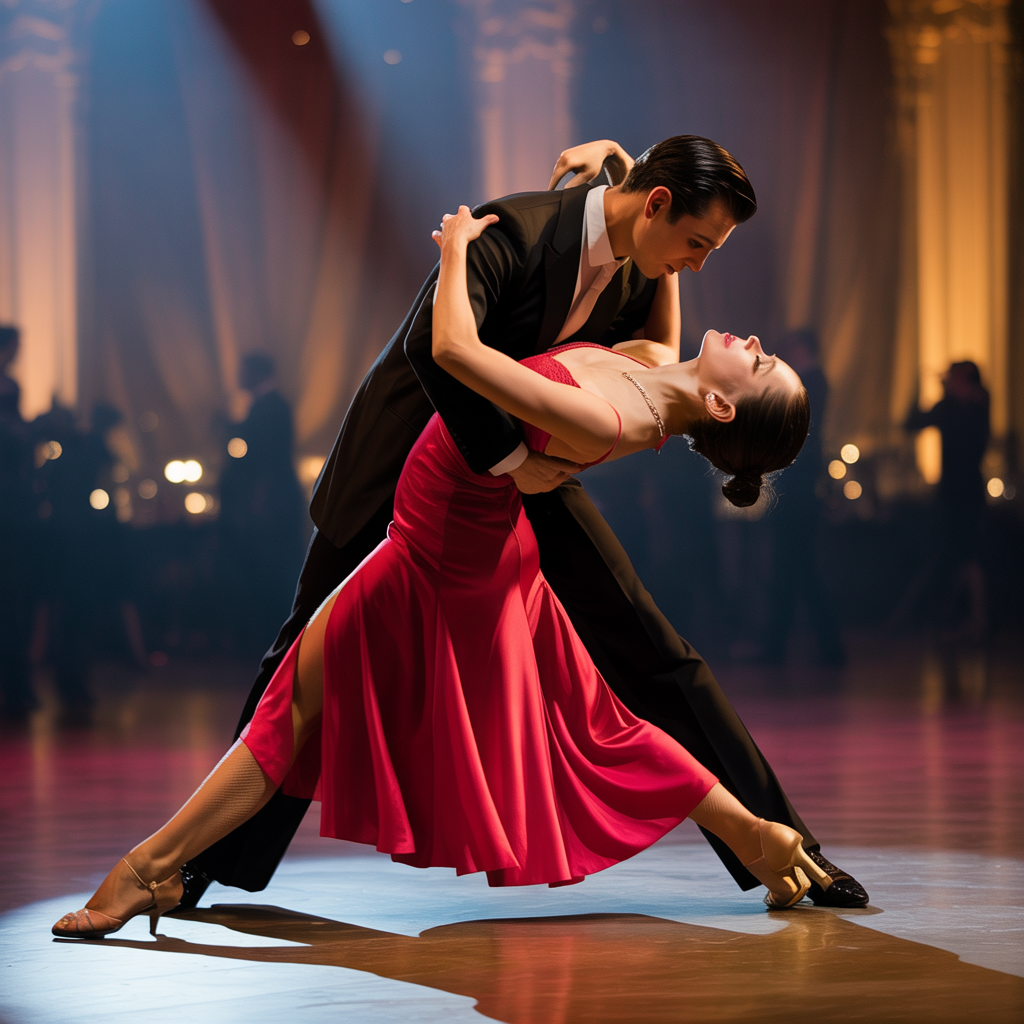Two tango dancers in a close embrace, the man dipping the wo