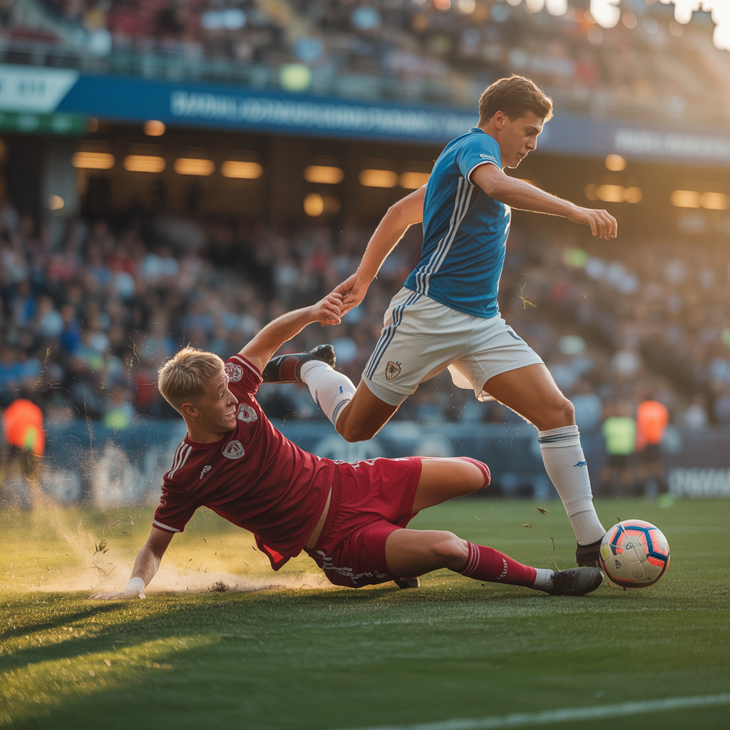 Two soccer players mid-tackle, one sliding and the other jum