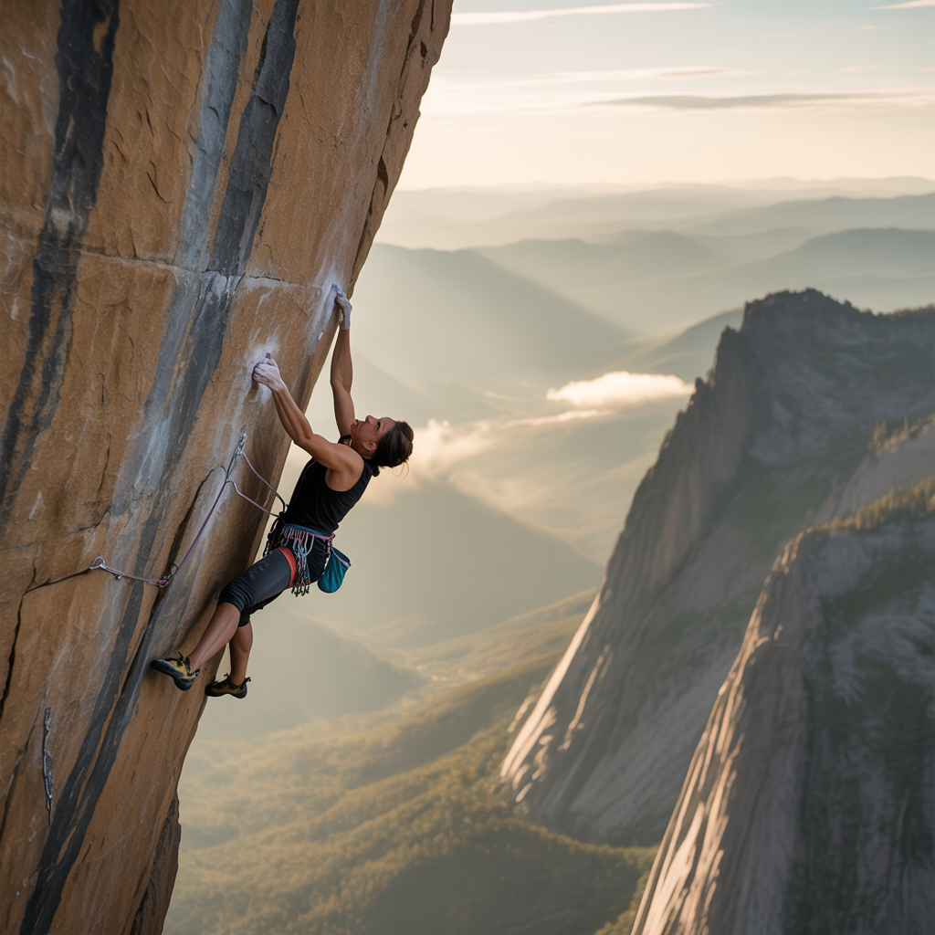 A rock climber clinging to a cliff face with arms and legs e