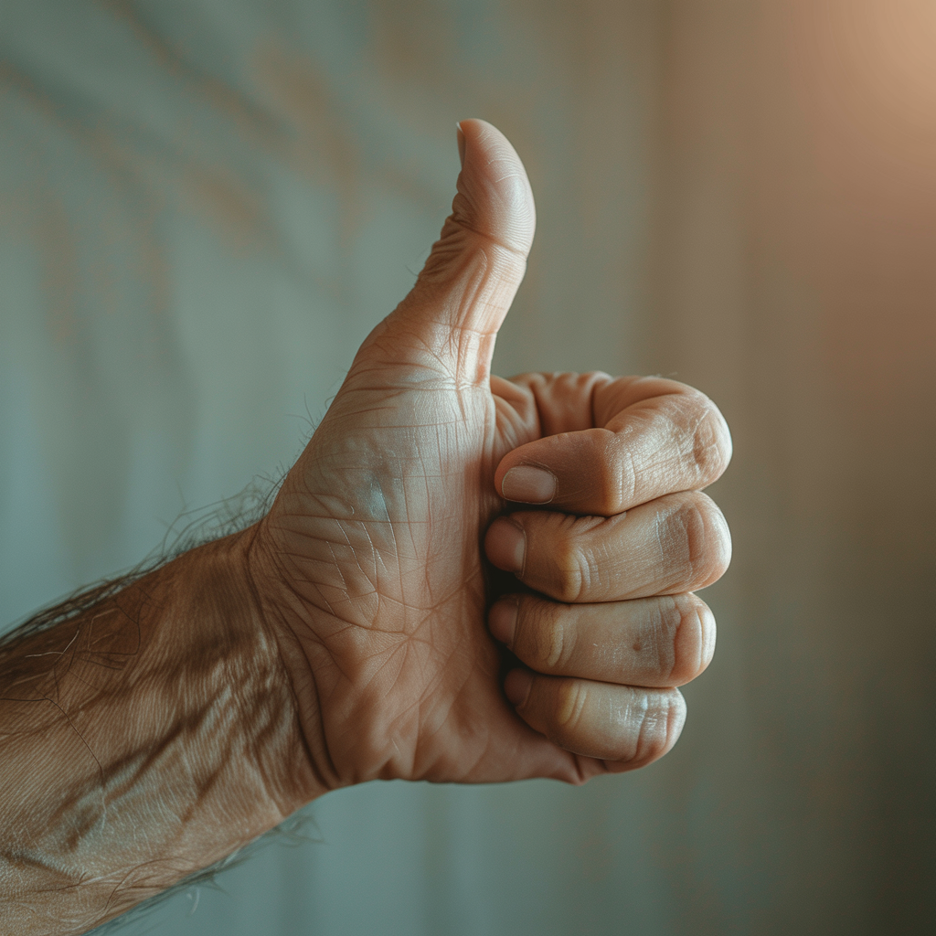 A hand giving a thumbs-up with four fingers curled and thumb