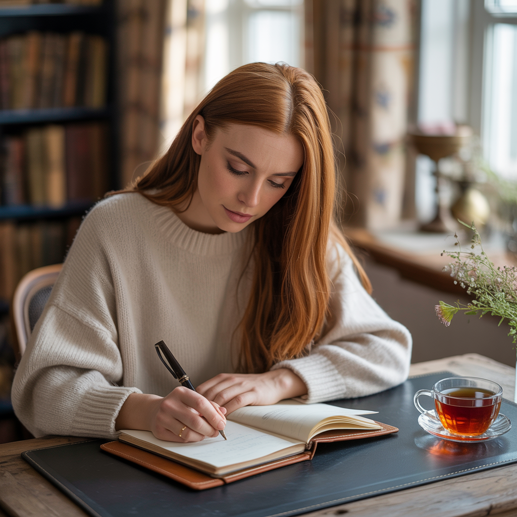 A woman writing in a notebook with a pen gripped correctly i