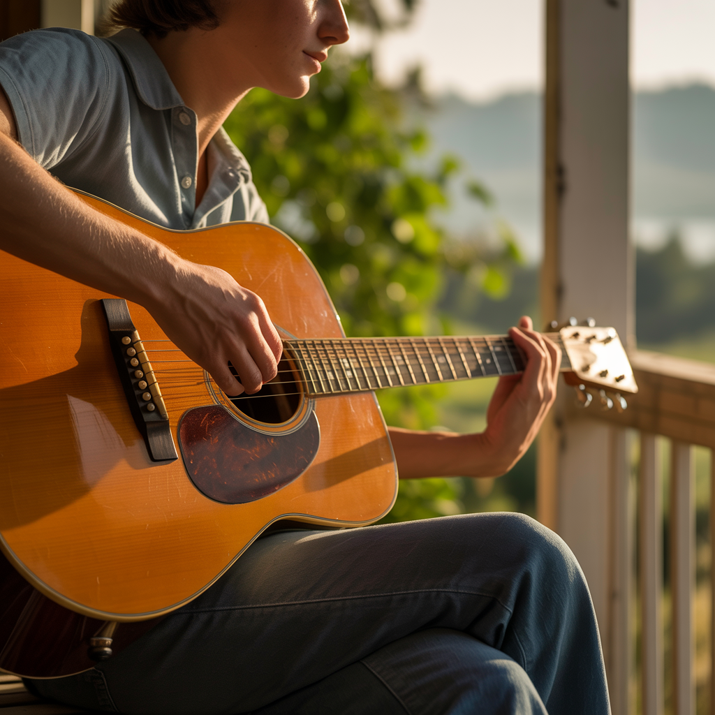 A person playing an acoustic guitar with left hand on the fr