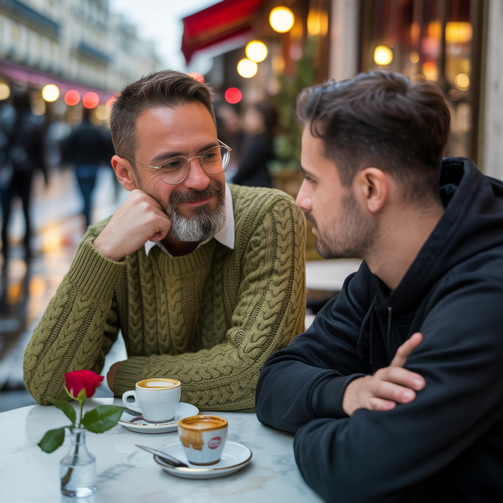 Two men at a cafe: one with a beard and glasses wearing a gr