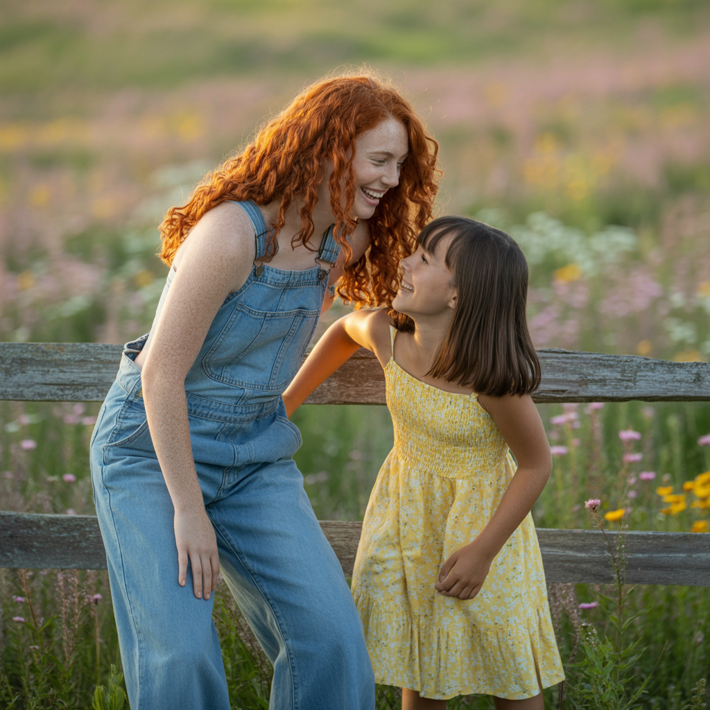 Two friends posing: one tall with curly red hair in denim ov