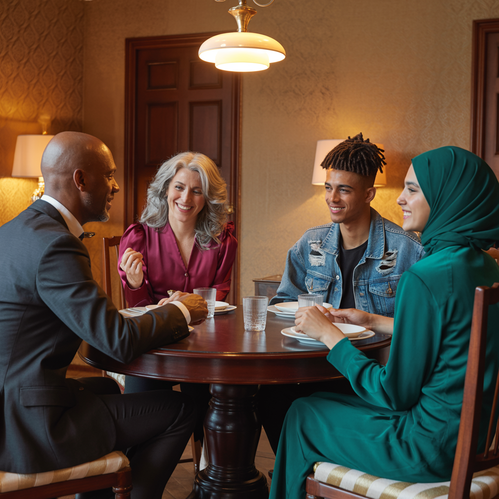 Four people at a dinner table: a bald man in a suit, a woman