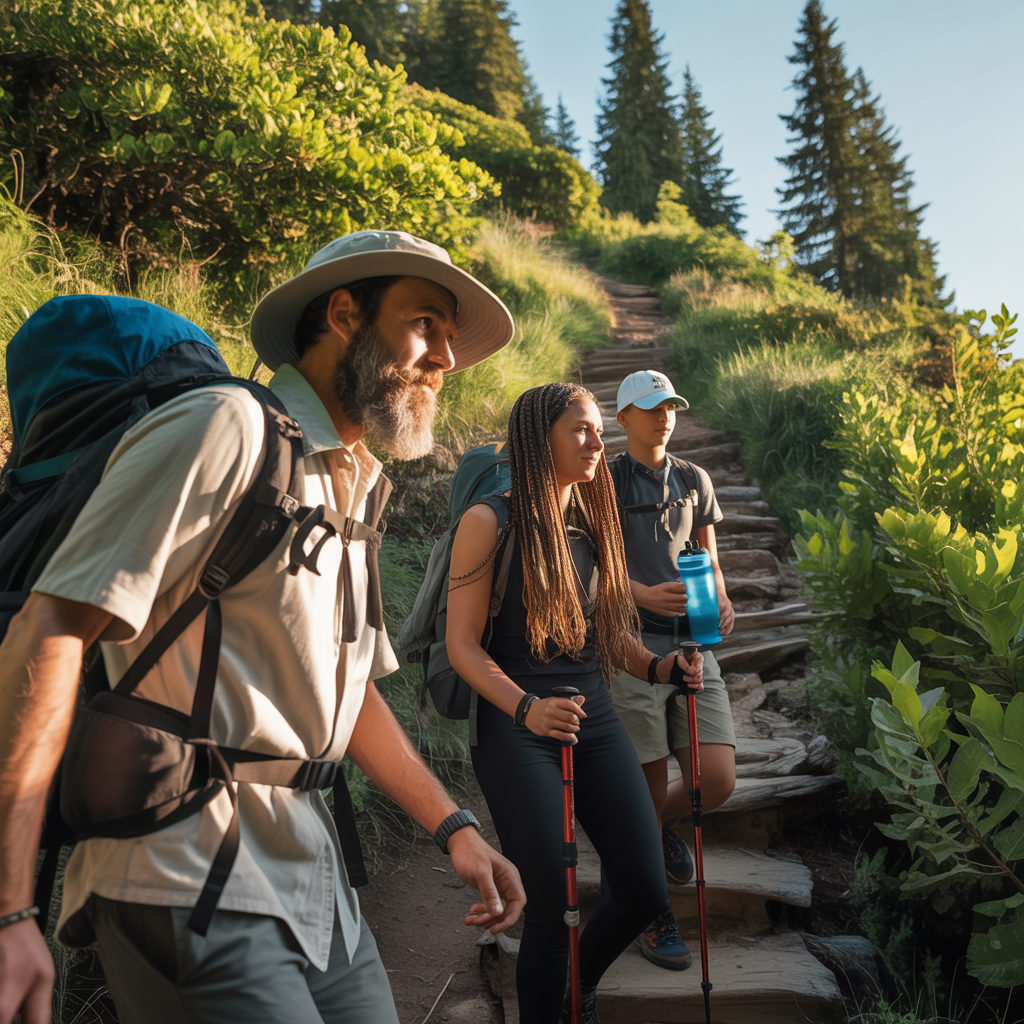 Three hikers on a trail: a man with a backpack and sunhat, a