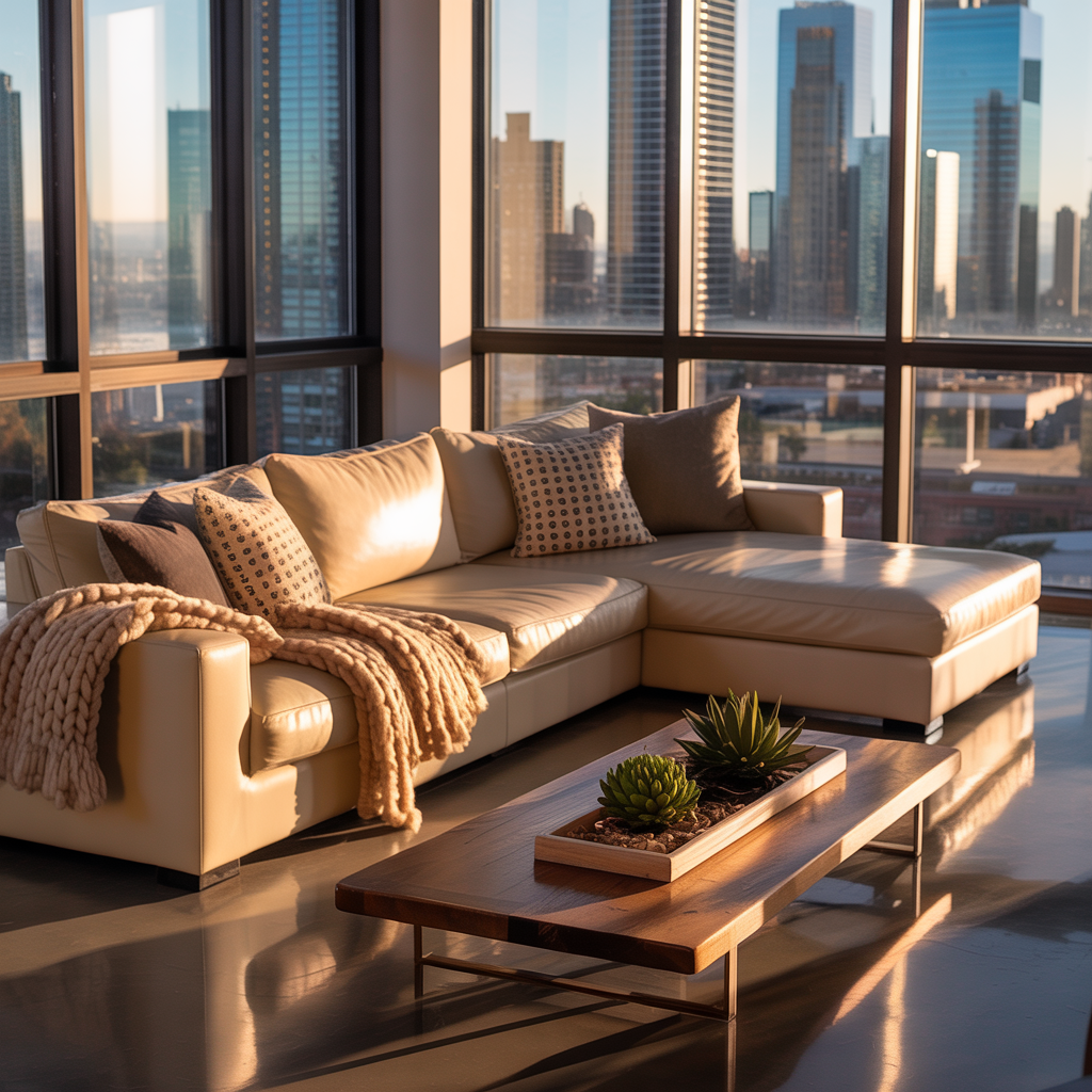 A wide-angle shot of a modern living room interior showing e
