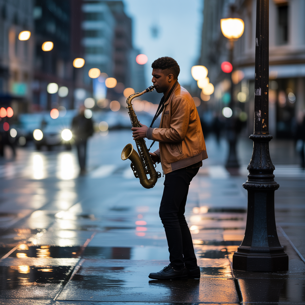 A street photograph with shallow depth of field as if shot a