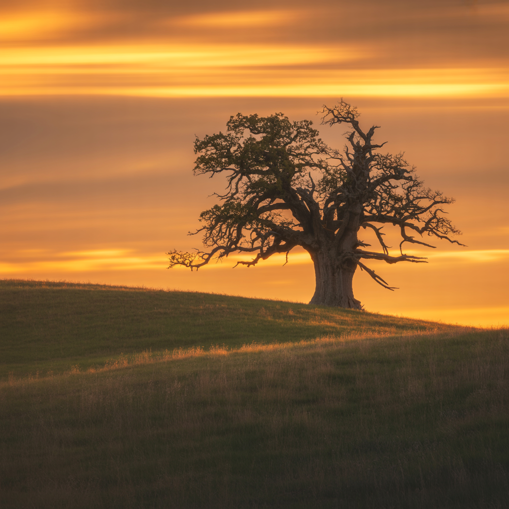 A landscape photograph bathed in golden hour light — long wa