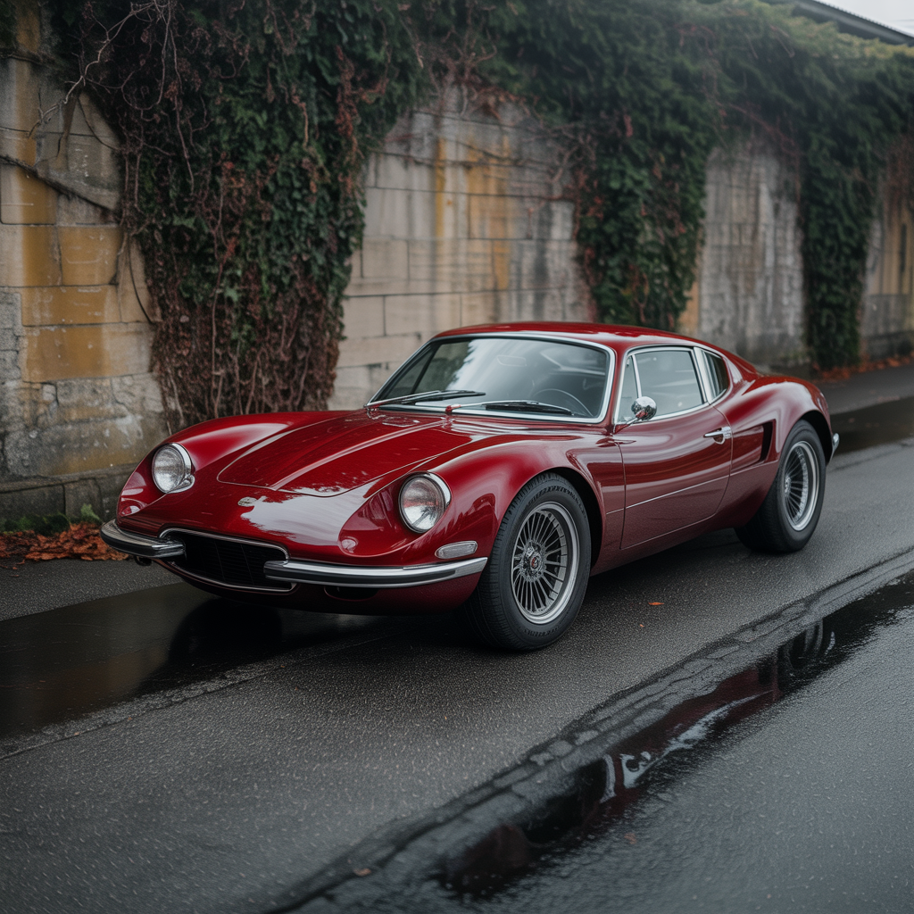 A bright red sports car parked on a gray asphalt road — the 