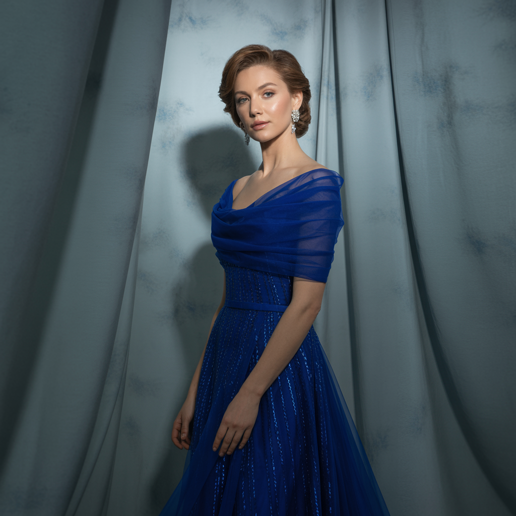 A woman wearing a royal blue evening dress against a neutral