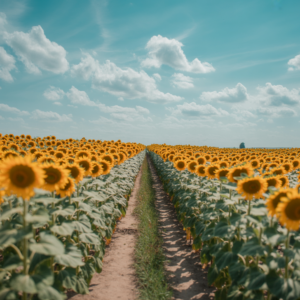 A field of pure sunflower yellow flowers under a clear blue 