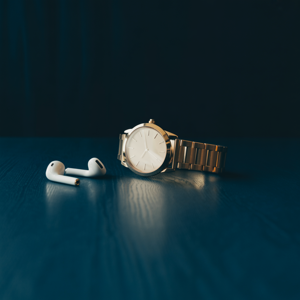 A product flat-lay on a #1A1A2E (deep dark blue) background,