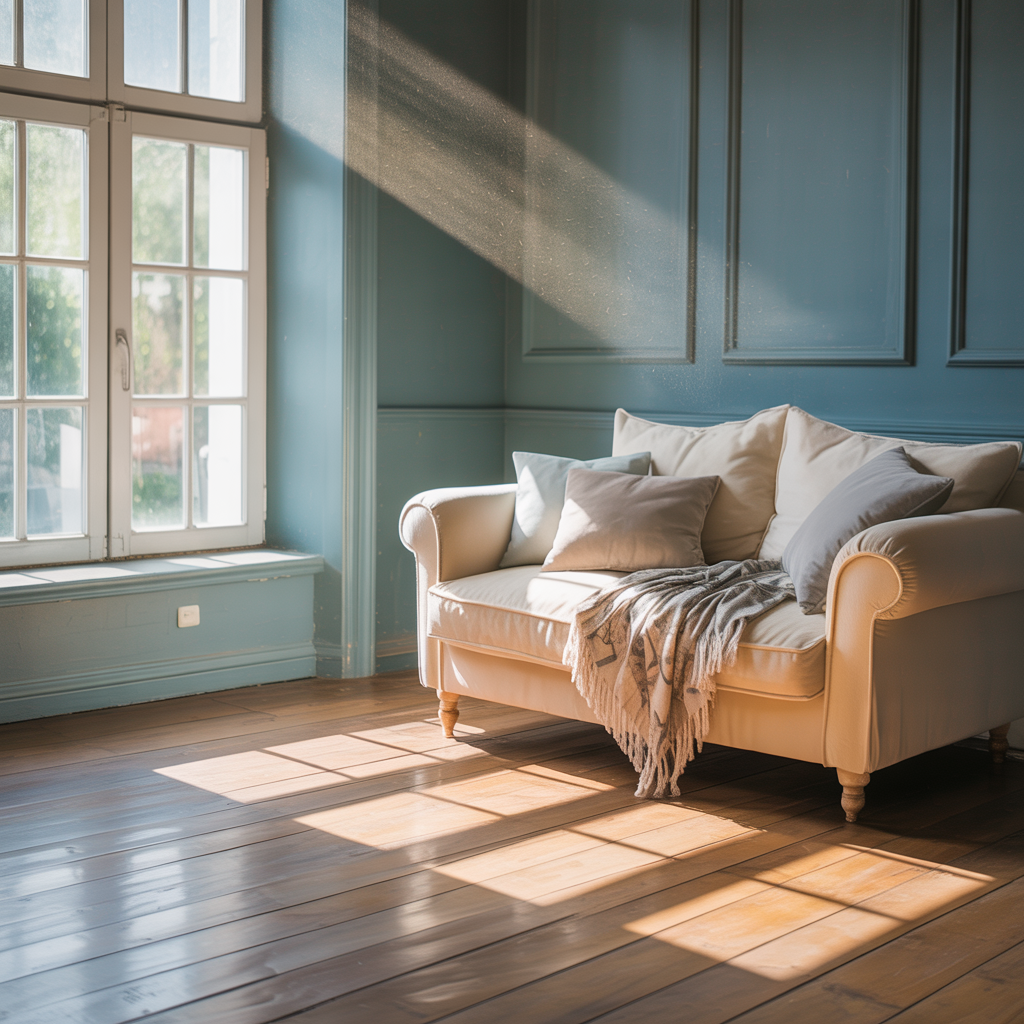 A room with walls in #4A90D9 (medium blue) with warm wooden 
