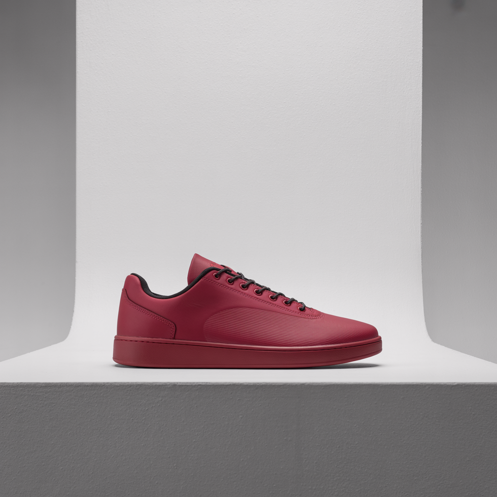 A single red sneaker on a clean white background with soft s