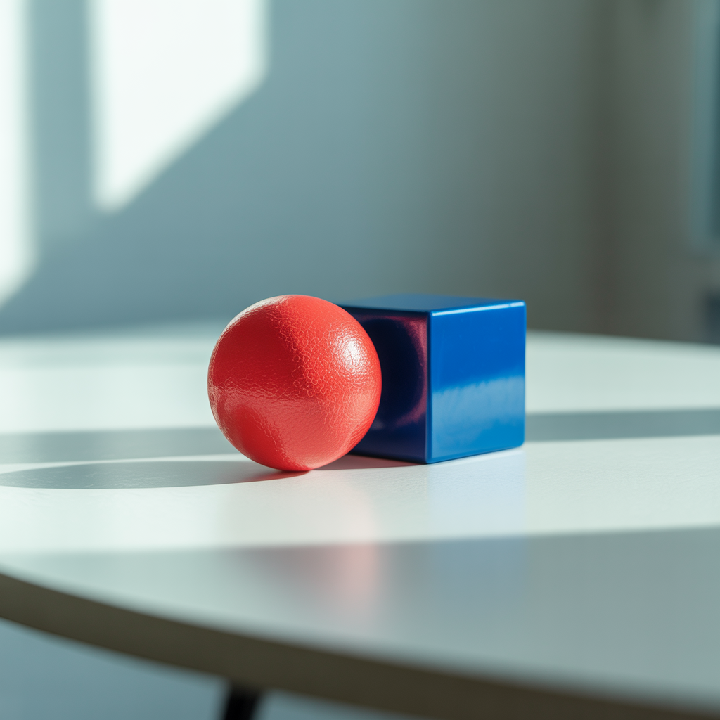 A red ball and a blue cube sitting side by side on a white s
