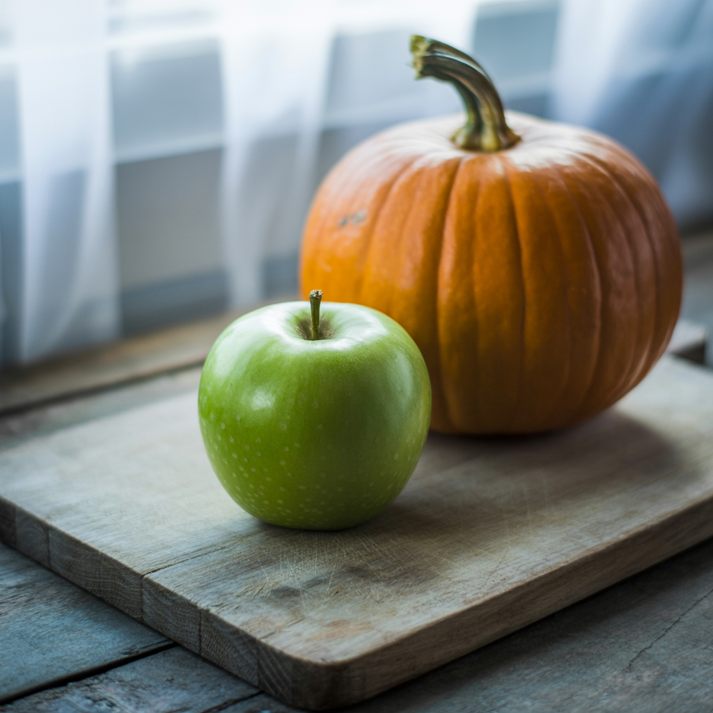 A green apple and an orange pumpkin on a wooden cutting boar