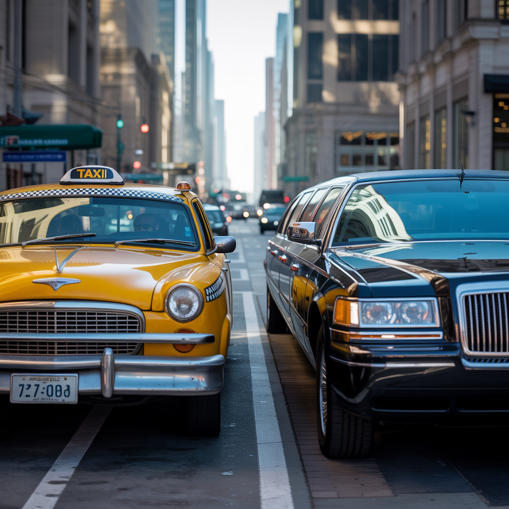 A yellow taxi and a black limousine parked next to each othe