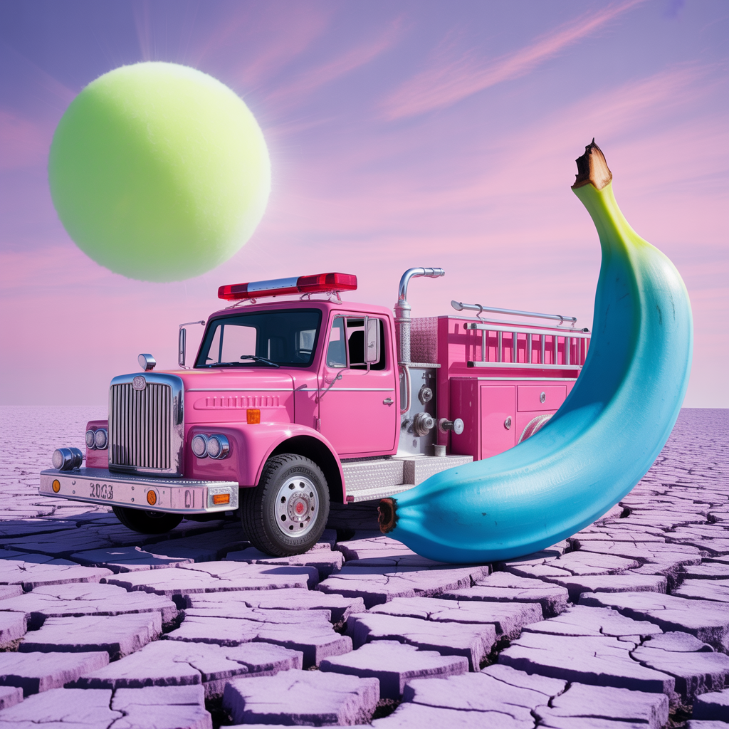 A pink fire truck, a blue banana, and a green sun in a surre