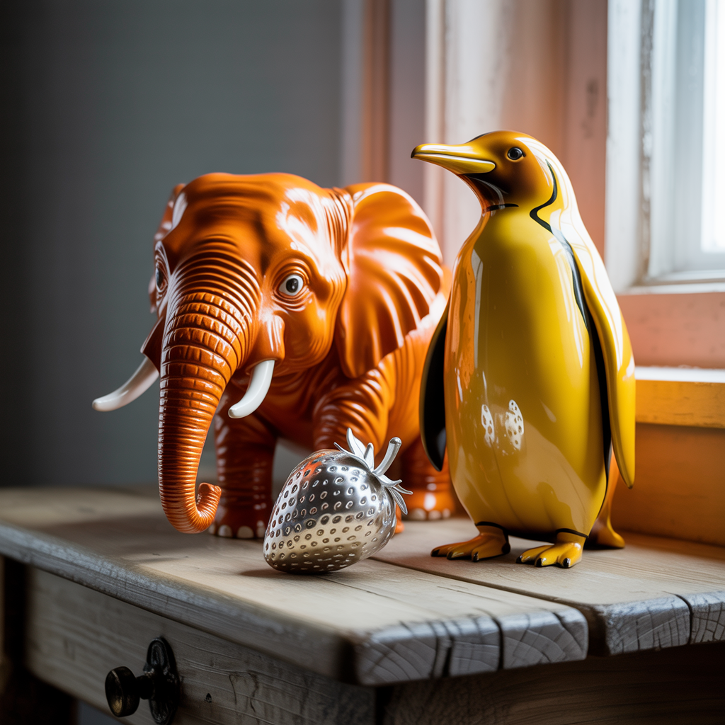 An orange elephant, a yellow penguin, and a silver strawberr