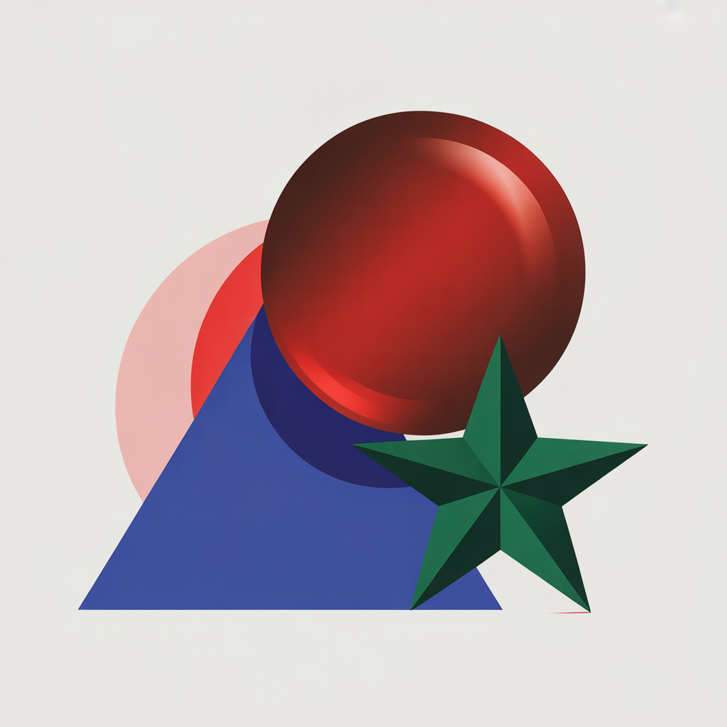 A large red circle, a small blue triangle, and a medium gree