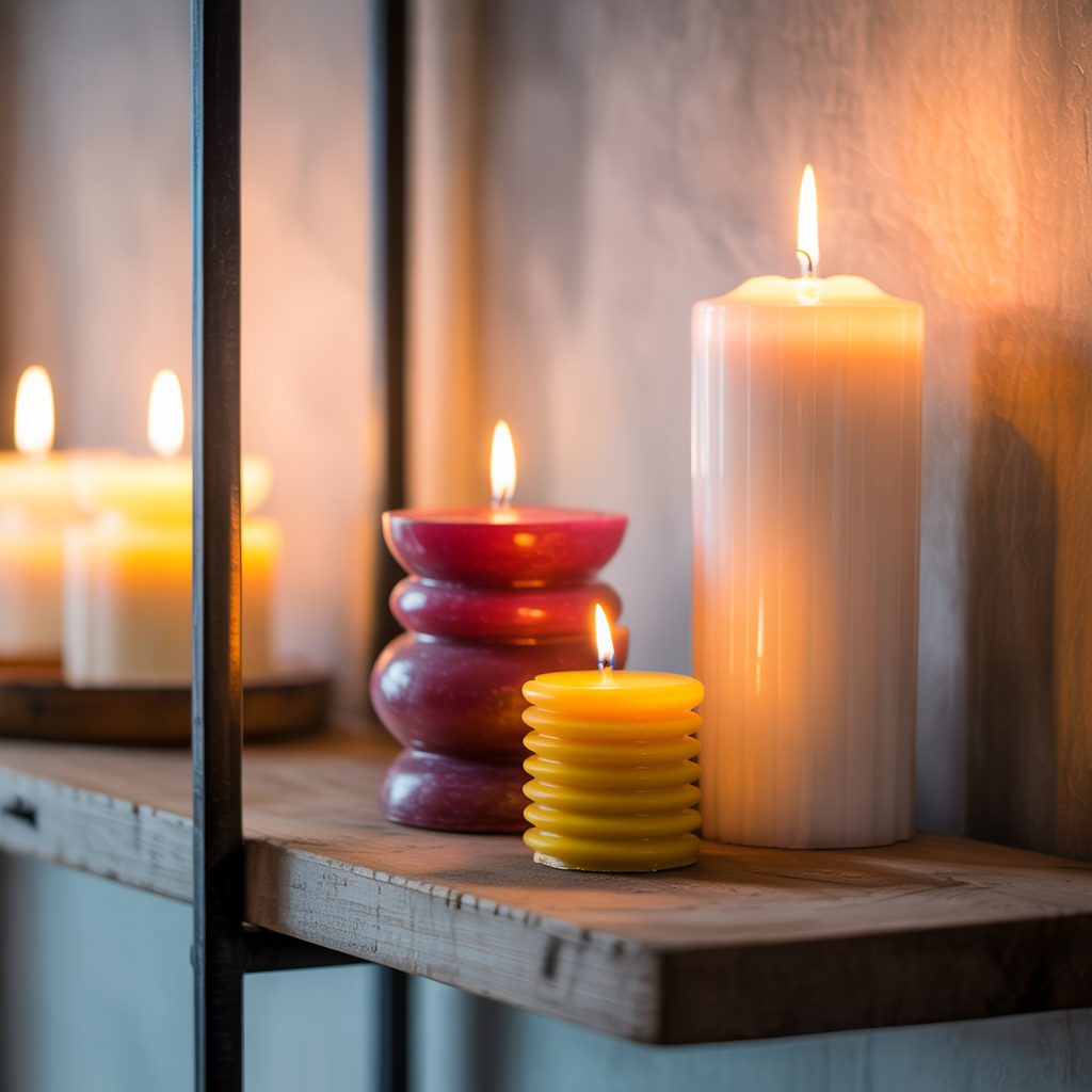 A tall thin white candle, a short fat red candle, and a medi