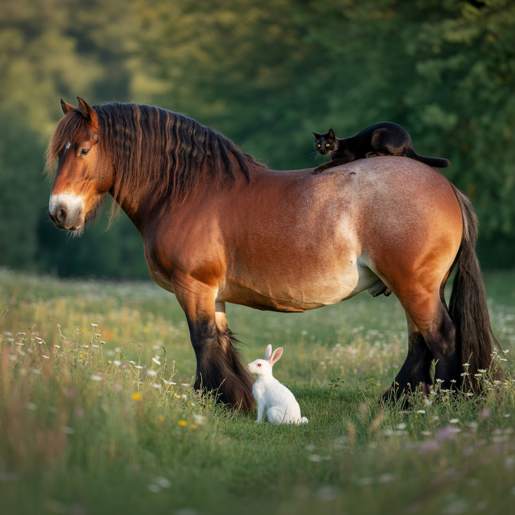 A big brown horse, a small white rabbit, and a medium-sized 