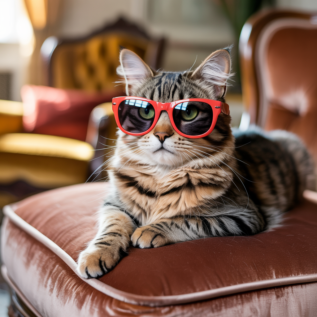 A tabby cat wearing oversized red sunglasses