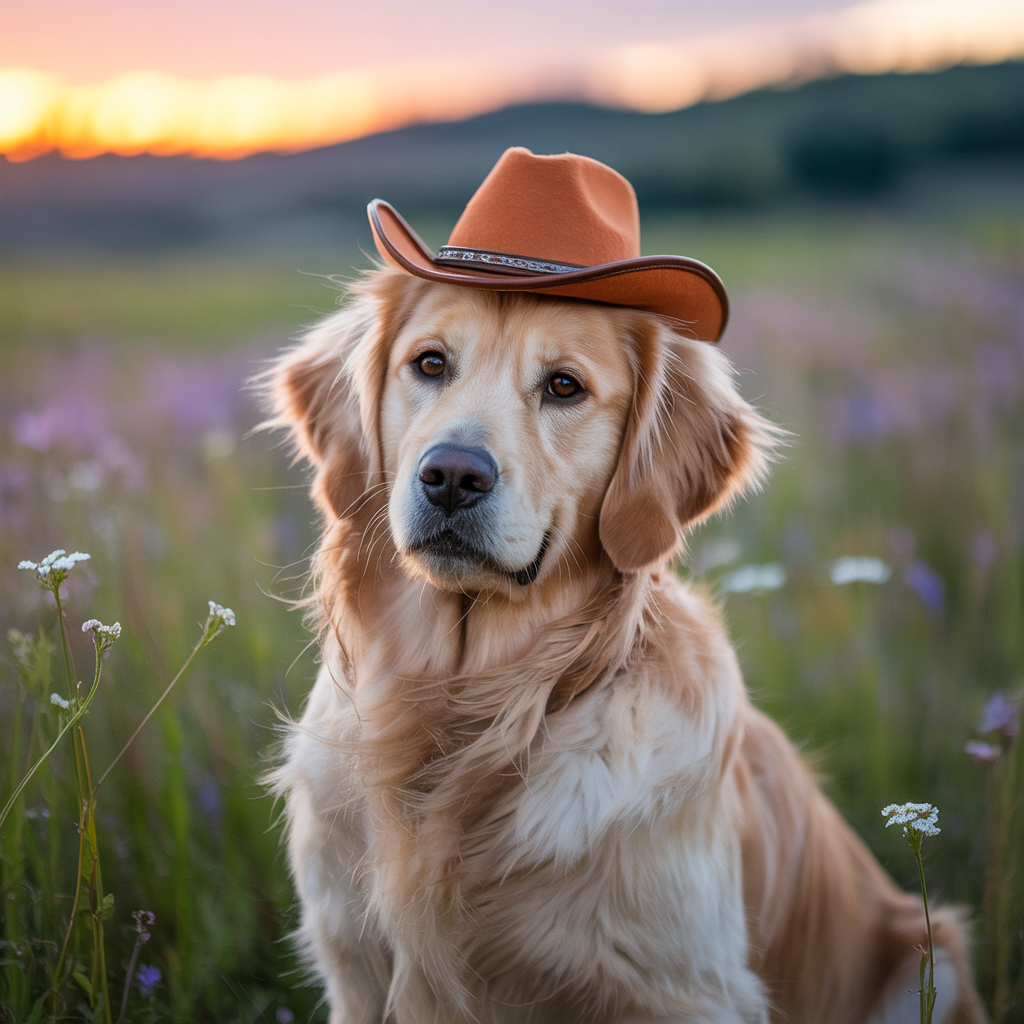 A golden retriever wearing a tiny cowboy hat