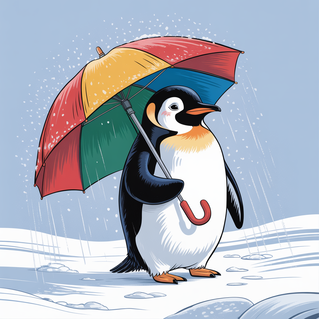 A penguin holding a colorful umbrella