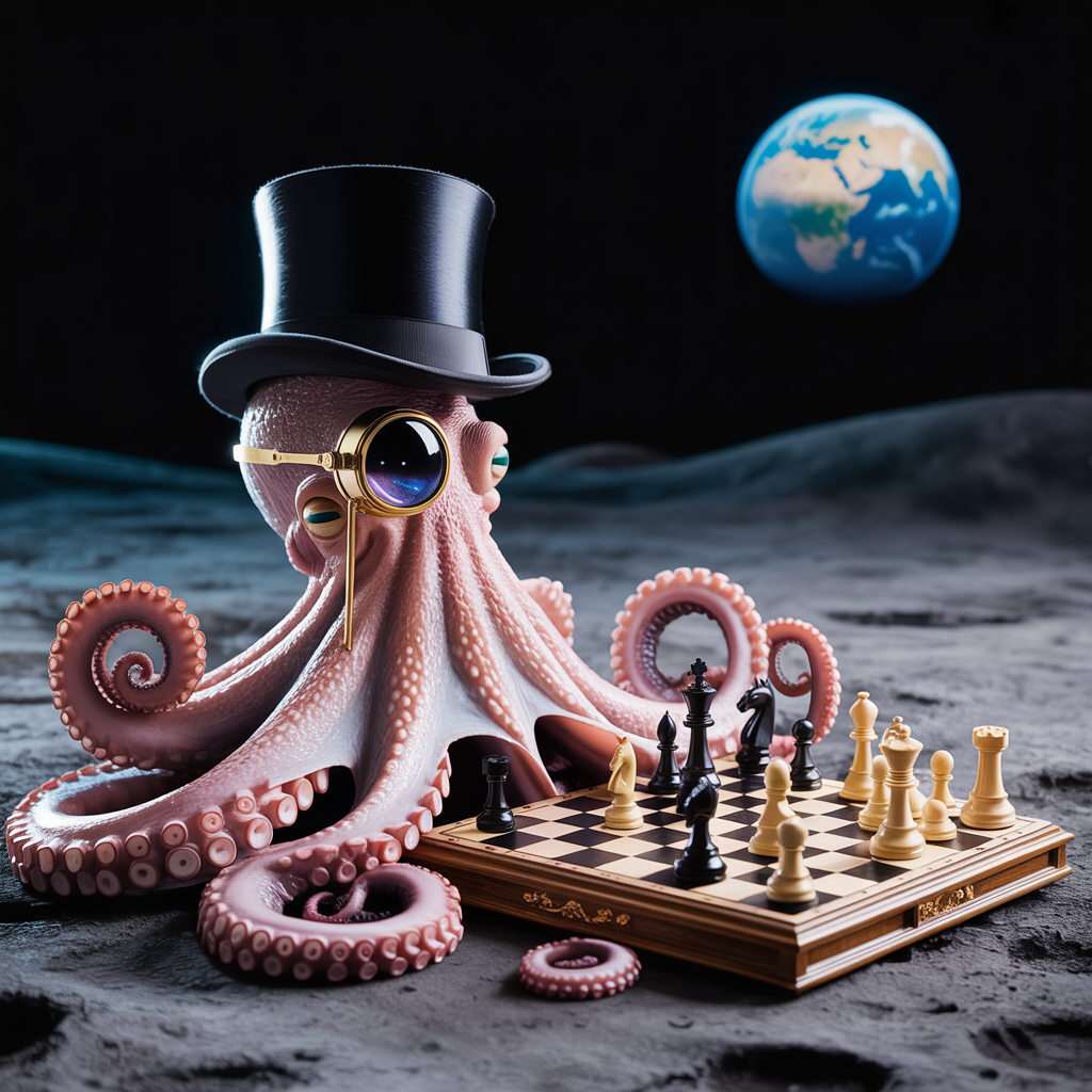 An octopus wearing a top hat and monocle playing chess on th