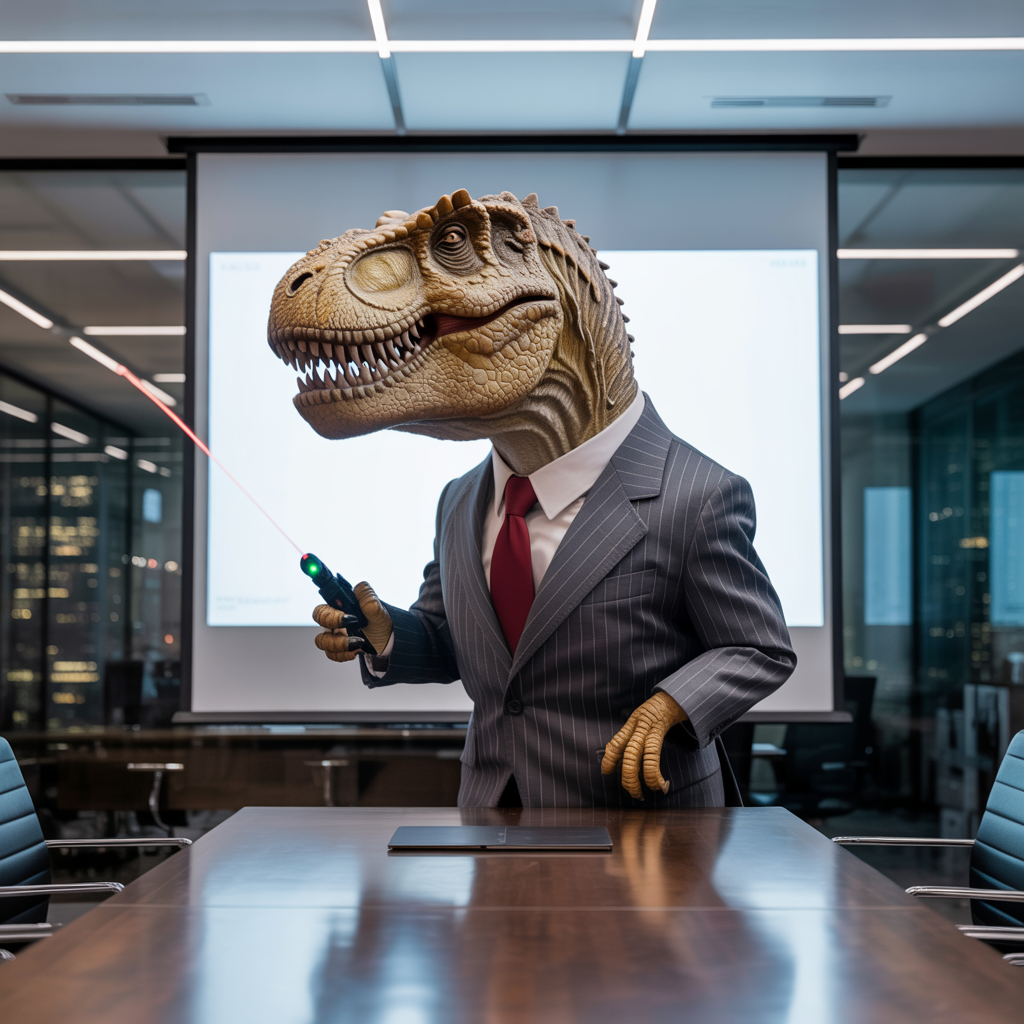 A dinosaur in a business suit giving a PowerPoint presentati