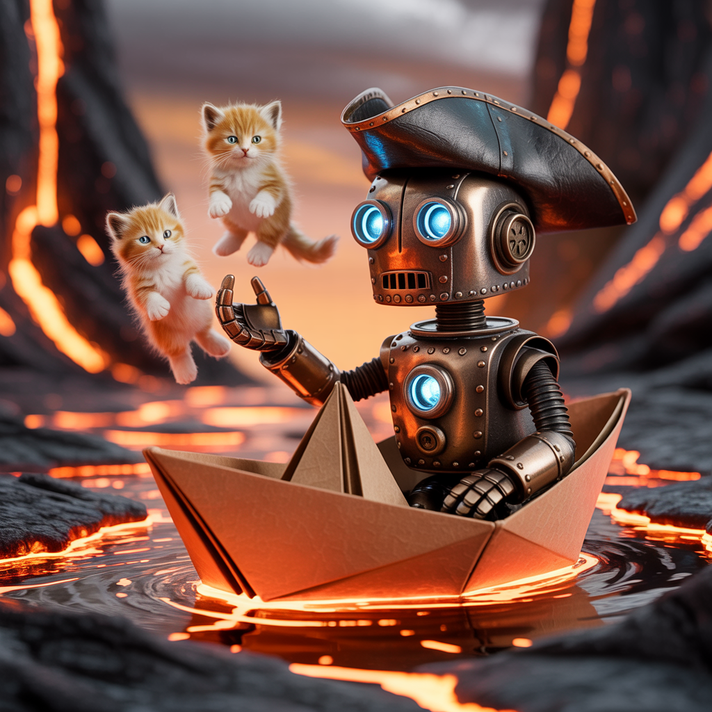 A robot dressed as a pirate sailing a paper boat on a lake o