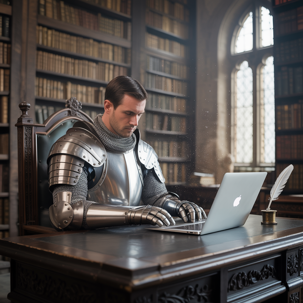 A medieval knight in full armor sitting at a desk typing on 