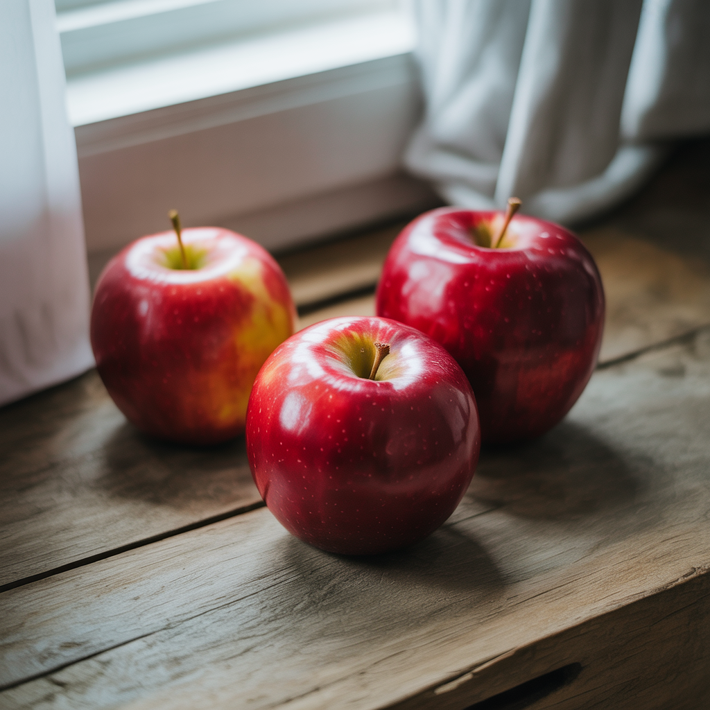 Exactly 3 red apples arranged on a wooden table