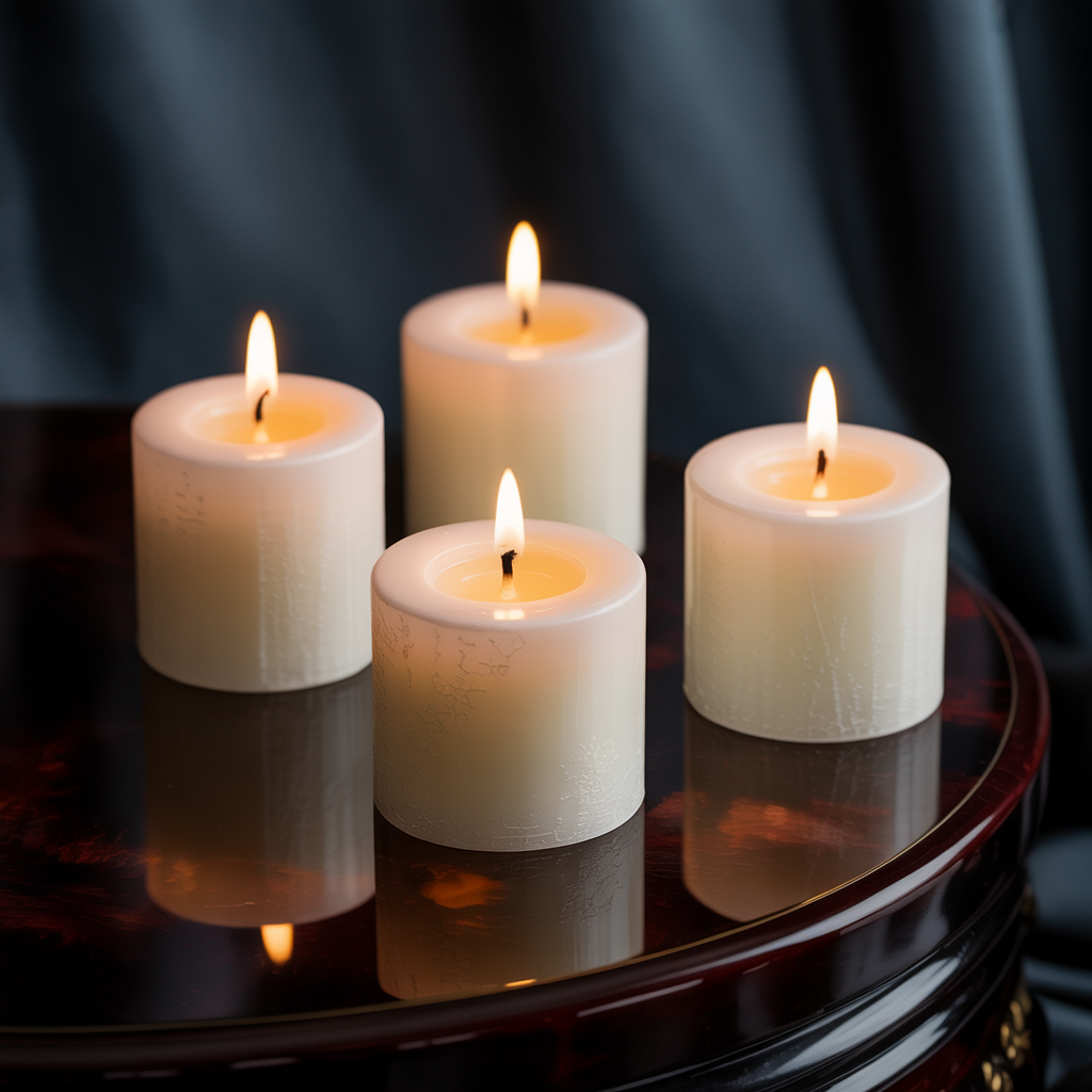 Exactly 4 white candles standing on a dark surface