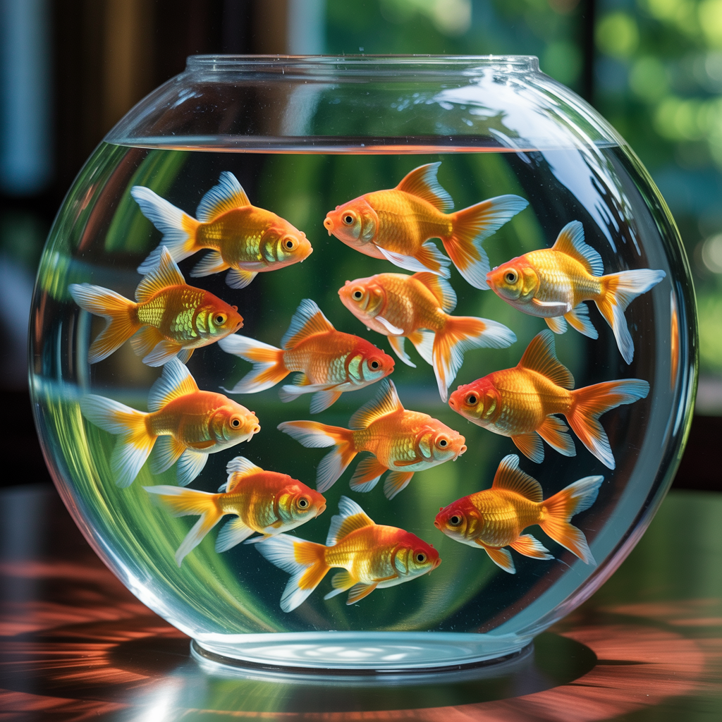 Exactly 9 goldfish swimming in a large round fishbowl