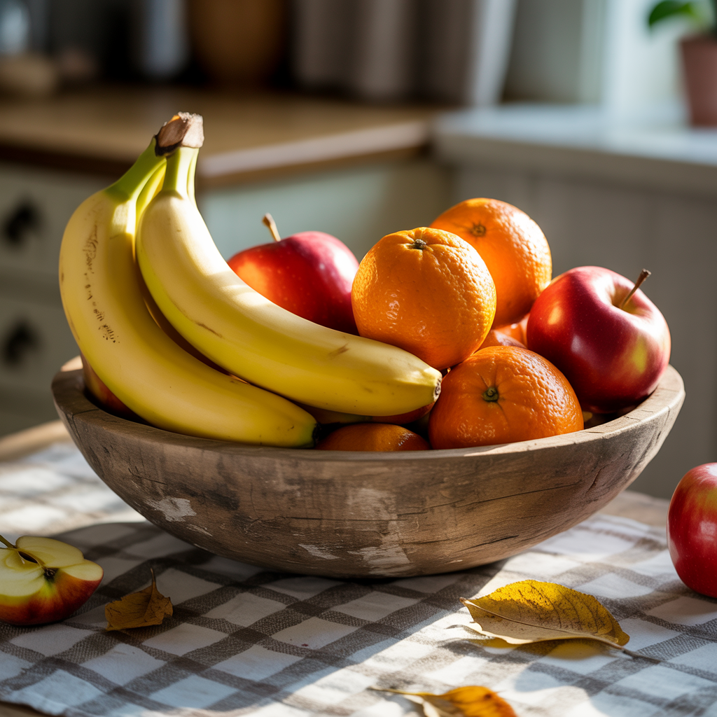 A fruit bowl containing exactly 3 bananas, 4 oranges, and 2 