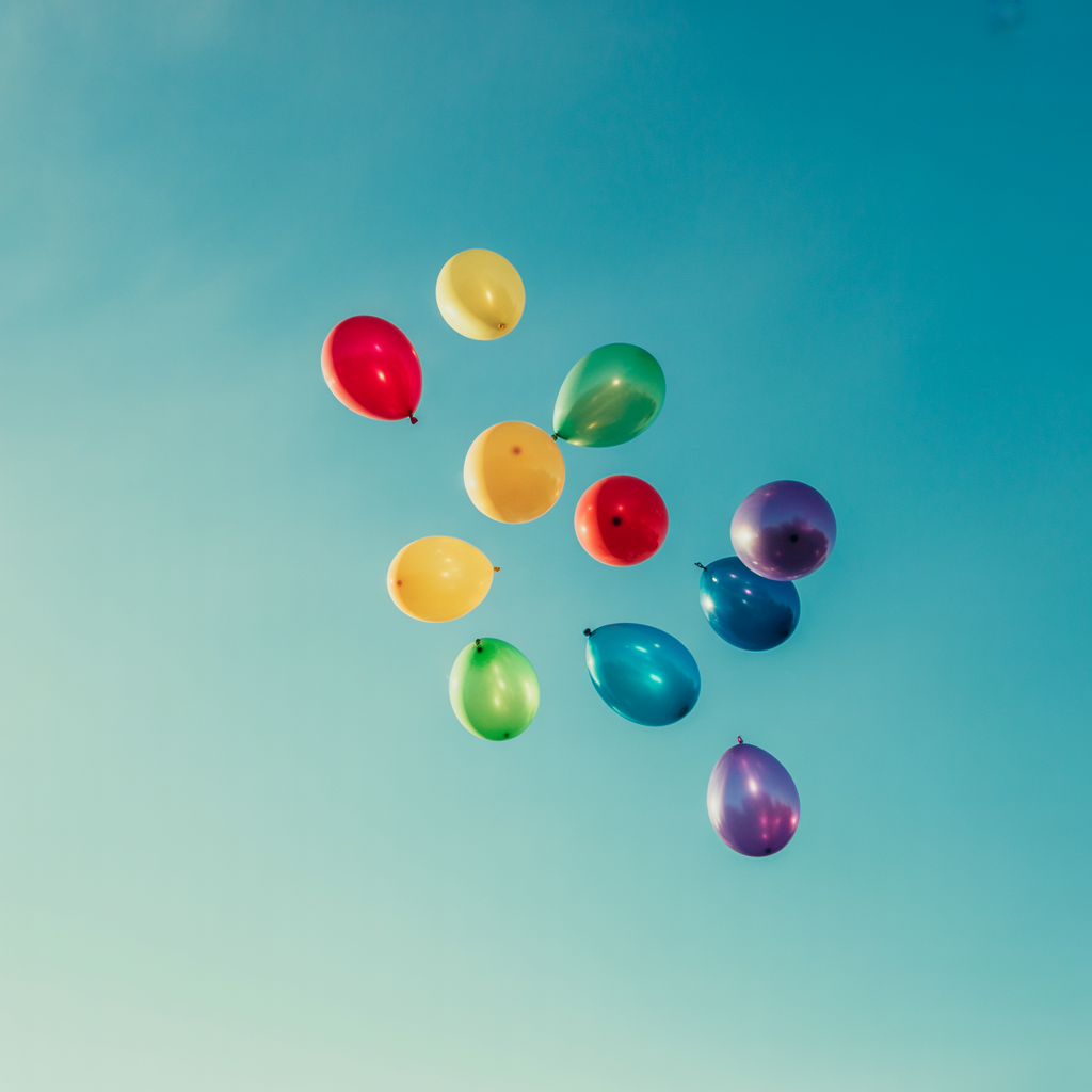 Exactly 11 colorful balloons floating against a clear blue s