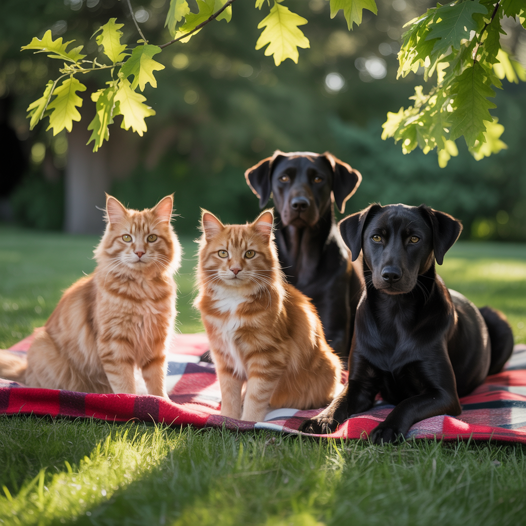 2 orange cats and 3 black dogs sitting together on a grassy 