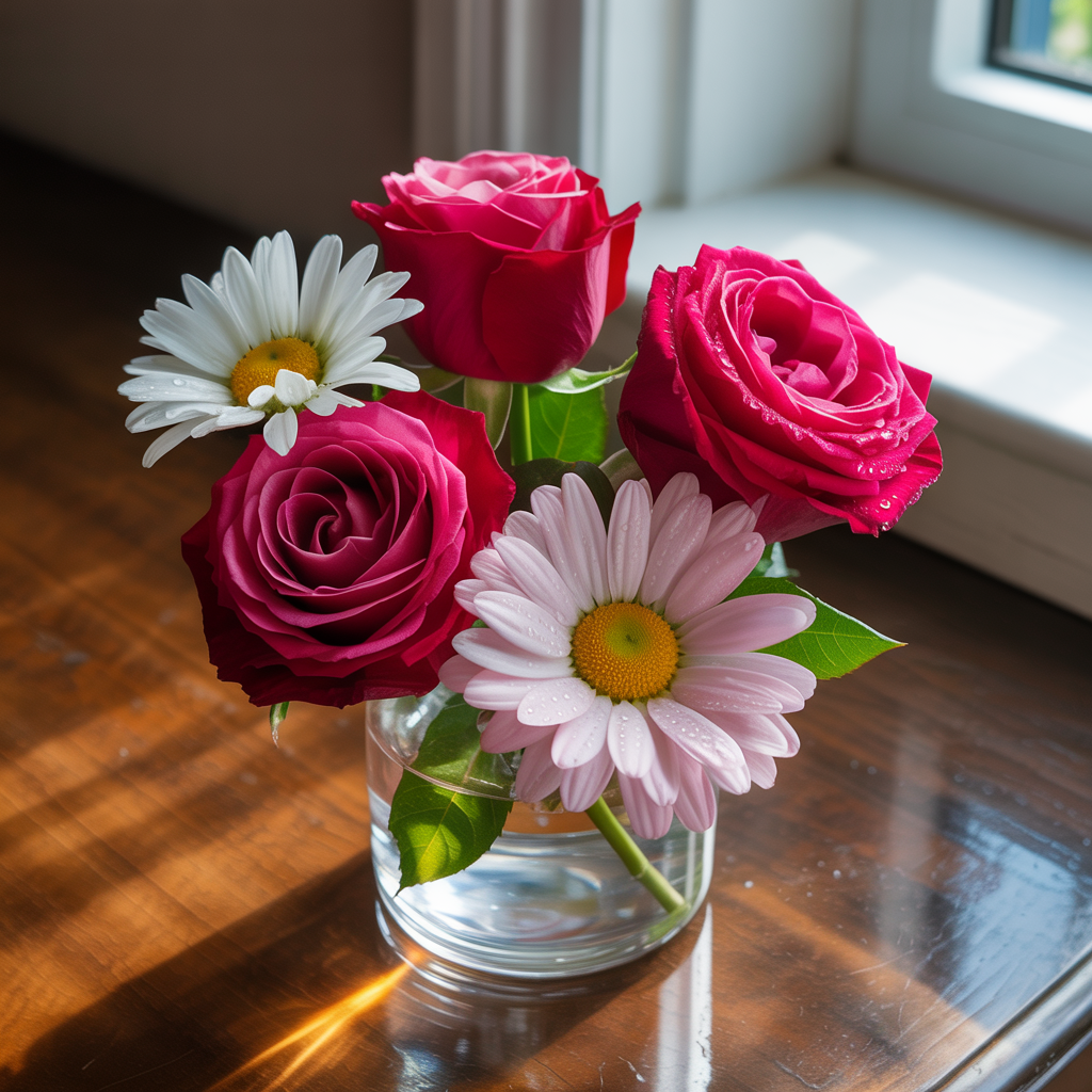 4 red roses and 2 white daisies in a glass vase on a table
