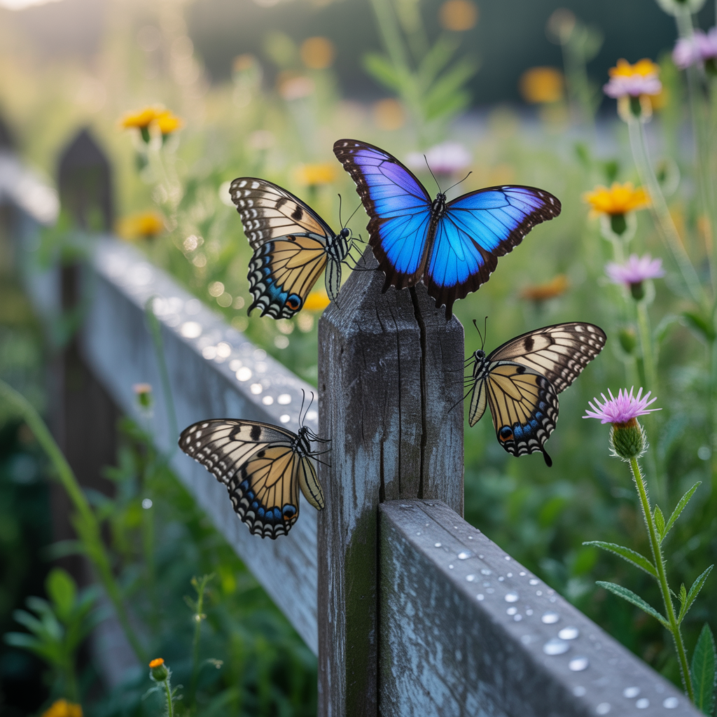 1 blue butterfly and 3 yellow butterflies resting on a garde