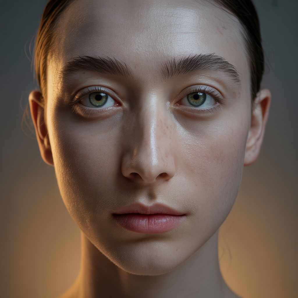 A human face with eyes, nose, and mouth but no eyebrows