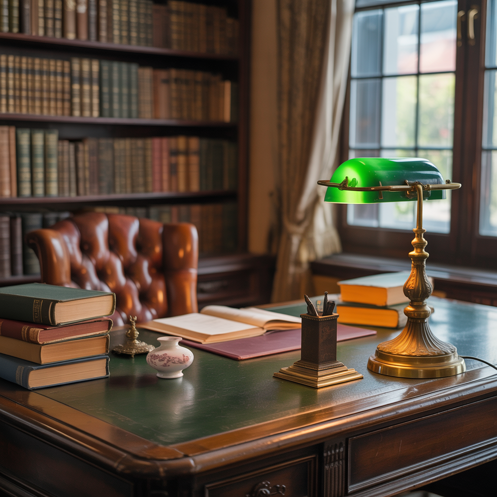 An office workspace with a desk, chair, bookshelf, and lamp 