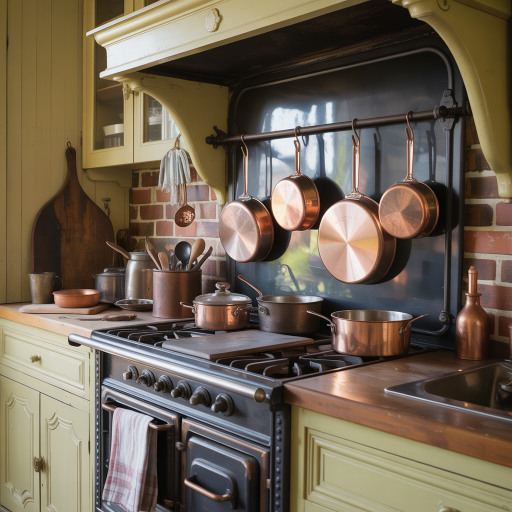 A kitchen with pots, pans, a stove, and a cutting board but 