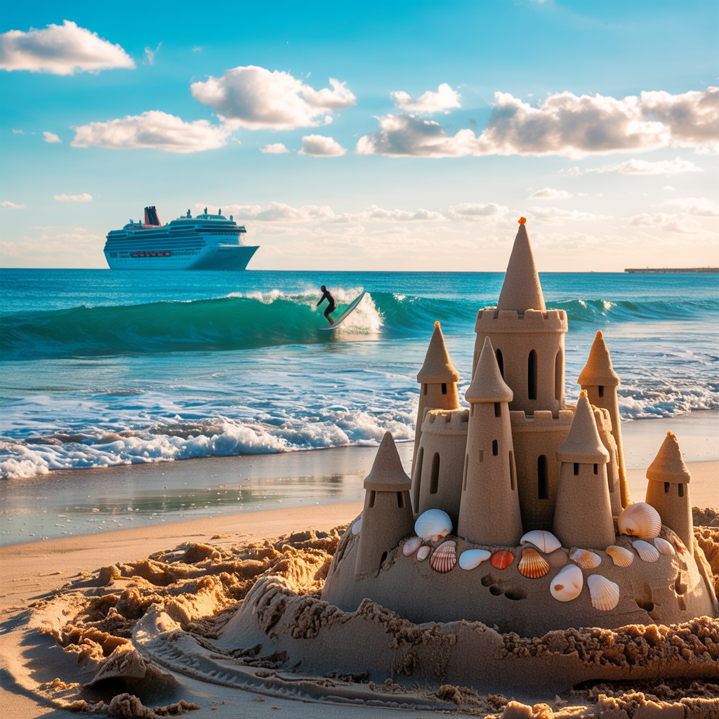 A beach scene with a sandcastle in the foreground, a surfer 