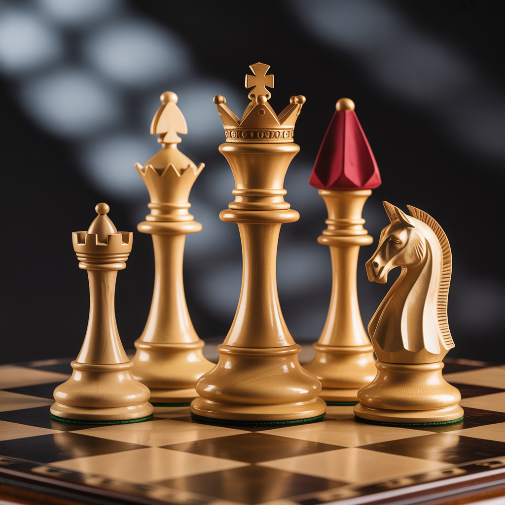Five chess pieces on a board: a king in the center, a queen 