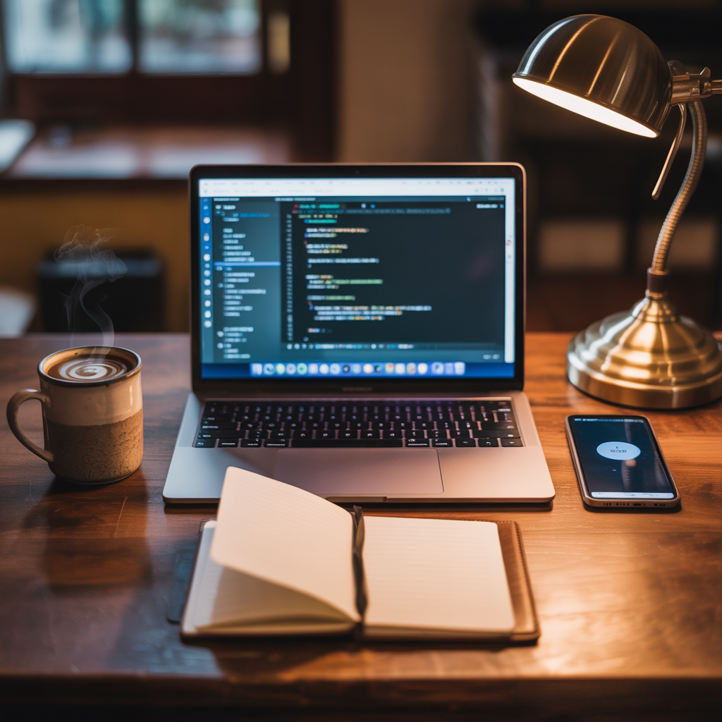 A desk scene: laptop in the center, coffee mug to the left, 