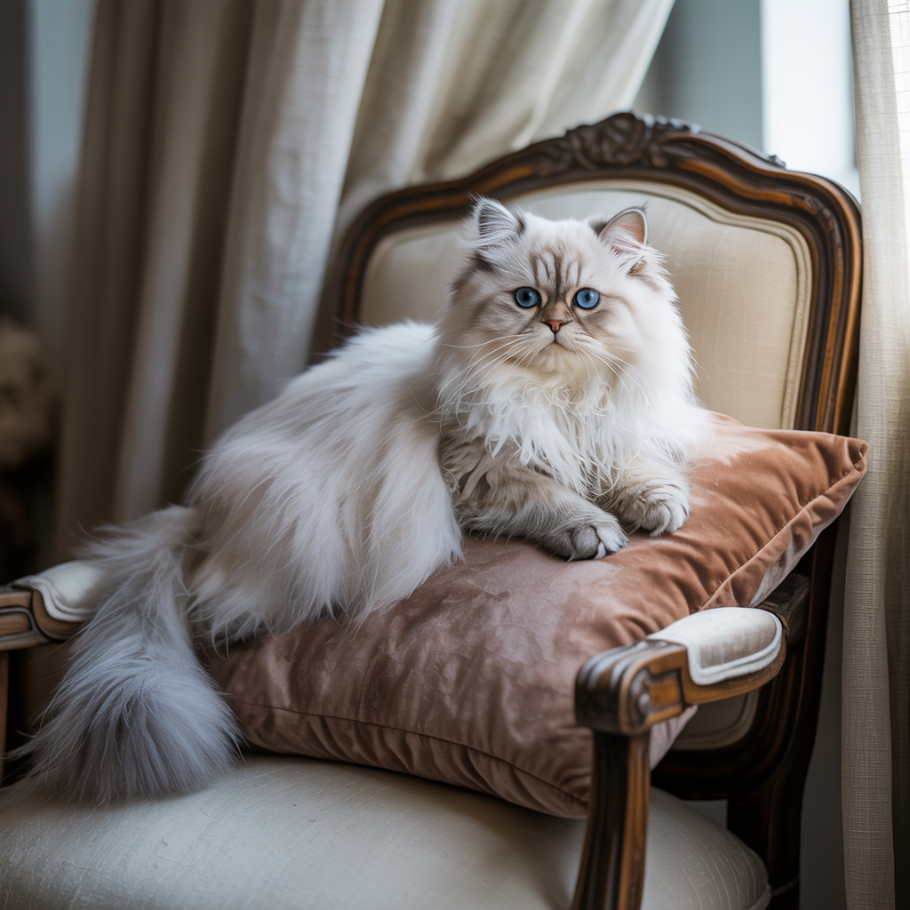 A cat sitting on a pillow, the pillow placed on a wooden cha