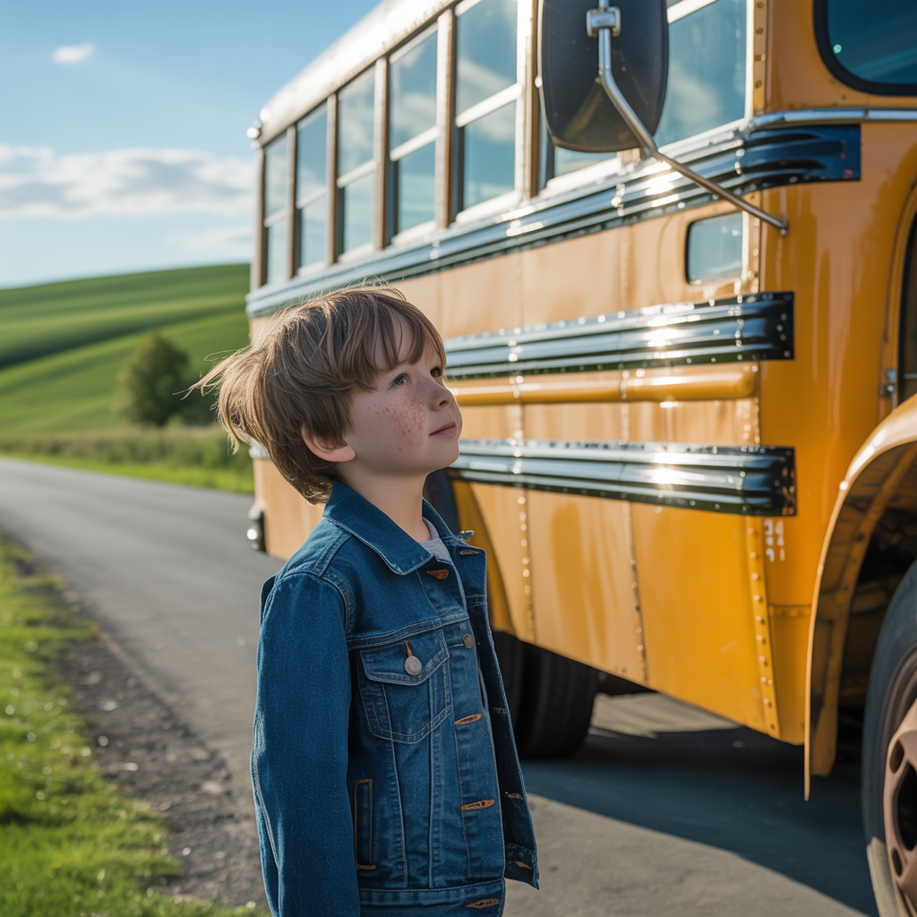 A person standing next to a yellow school bus, showing reali